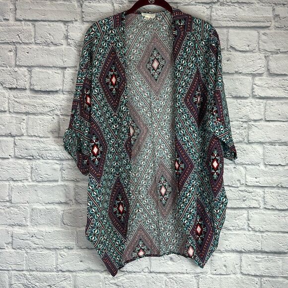 LA Hearts Short Sleeve Cardigan Geometric Blue Red Pattern O/S - Picture 1 of 6